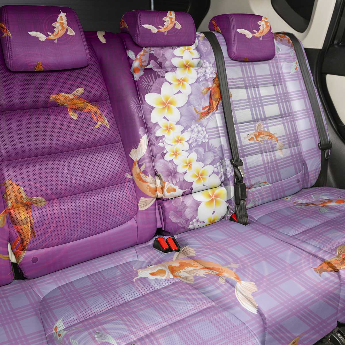 Hawaii And Japan Back Car Seat Cover Plumeria Lei With Koi Fish Purple LT05 - Polynesian Pride