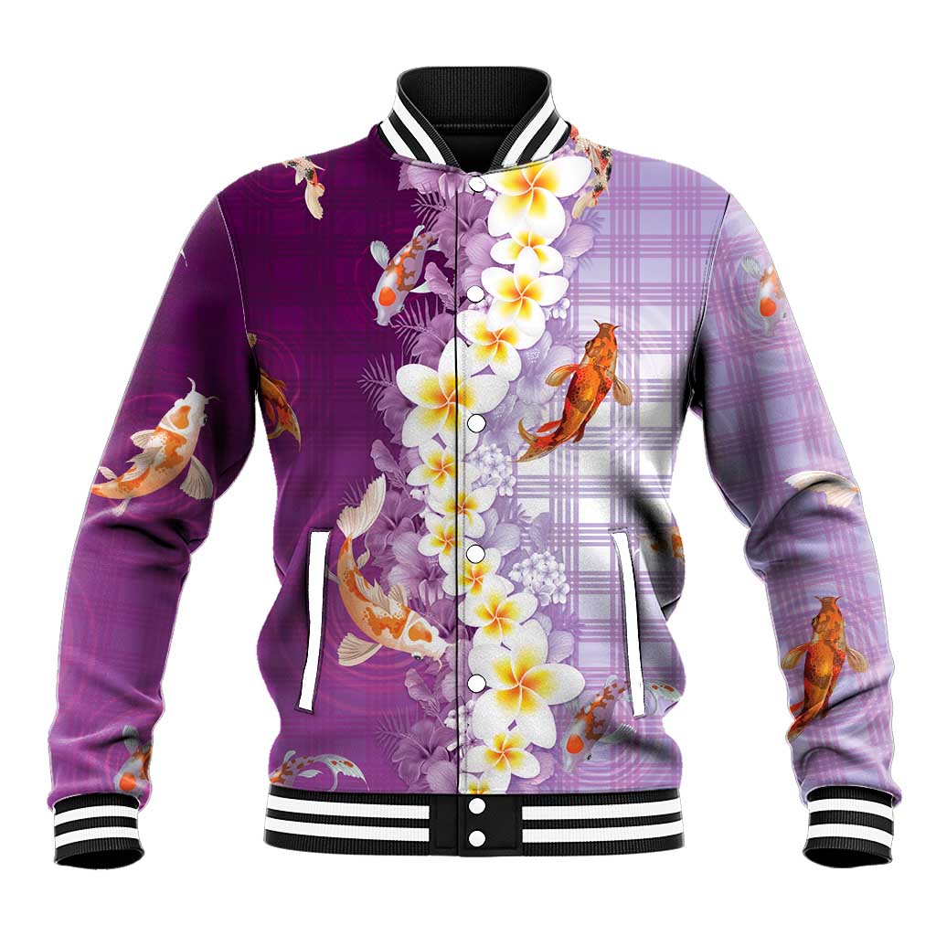 Hawaii And Japan Baseball Jacket Plumeria Lei With Koi Fish Purple LT05 Unisex Purple - Polynesian Pride