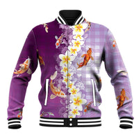 Hawaii And Japan Baseball Jacket Plumeria Lei With Koi Fish Purple LT05 Unisex Purple - Polynesian Pride