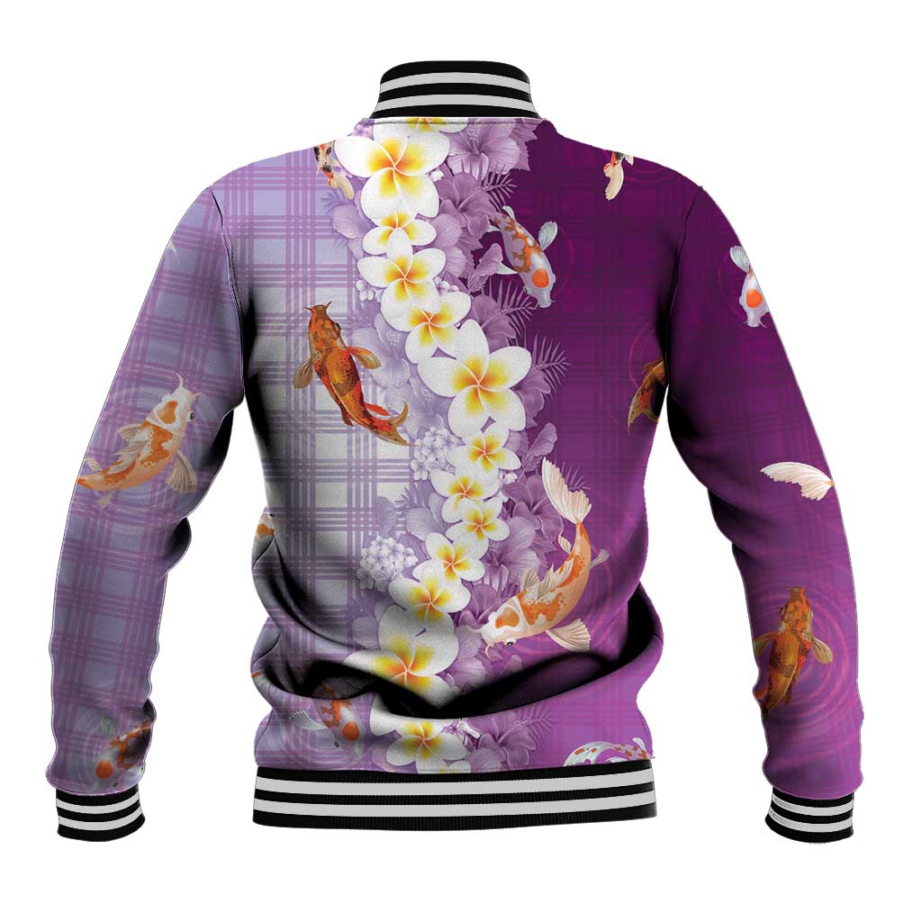 Hawaii And Japan Baseball Jacket Plumeria Lei With Koi Fish Purple LT05 - Polynesian Pride