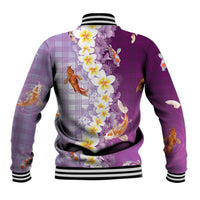 Hawaii And Japan Baseball Jacket Plumeria Lei With Koi Fish Purple LT05 - Polynesian Pride