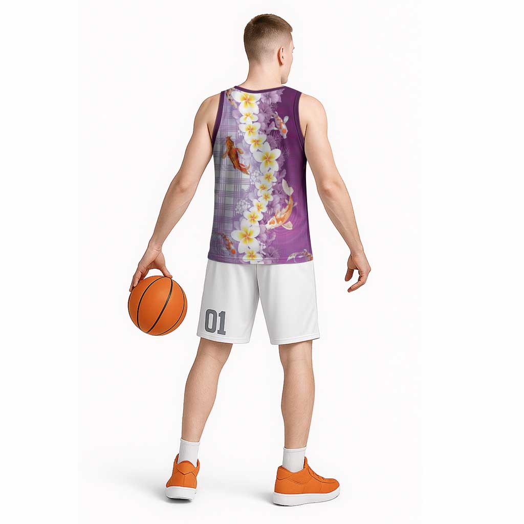 Hawaii And Japan Basketball Jersey Plumeria Lei With Koi Fish Purple LT05 - Polynesian Pride