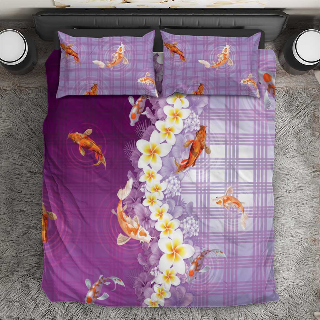 Hawaii And Japan Bedding Set Plumeria Lei With Koi Fish Purple - Polynesian Pride