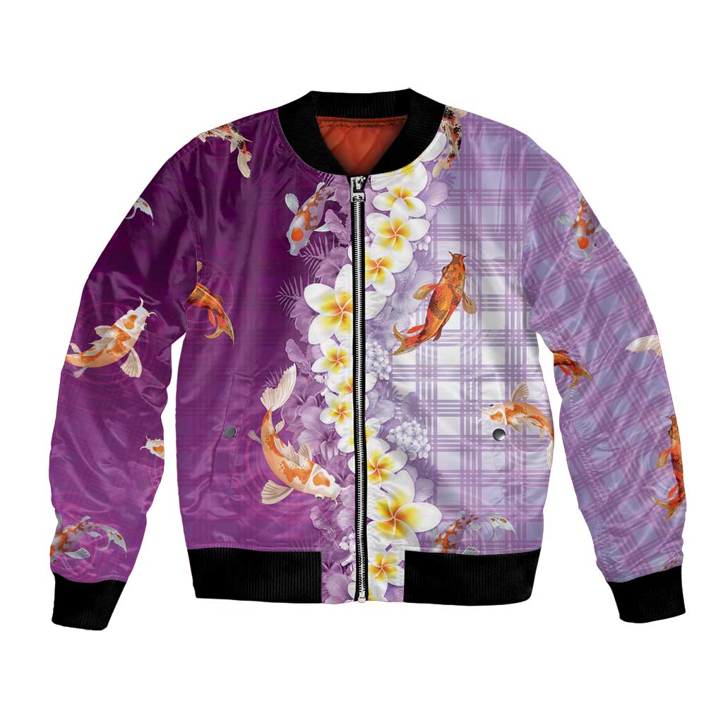 Hawaii And Japan Bomber Jacket Plumeria Lei With Koi Fish Purple LT05 Unisex Purple - Polynesian Pride