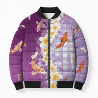 Hawaii And Japan Bomber Puffer Jacket Plumeria Lei With Koi Fish Purple LT05 Unisex Purple - Polynesian Pride