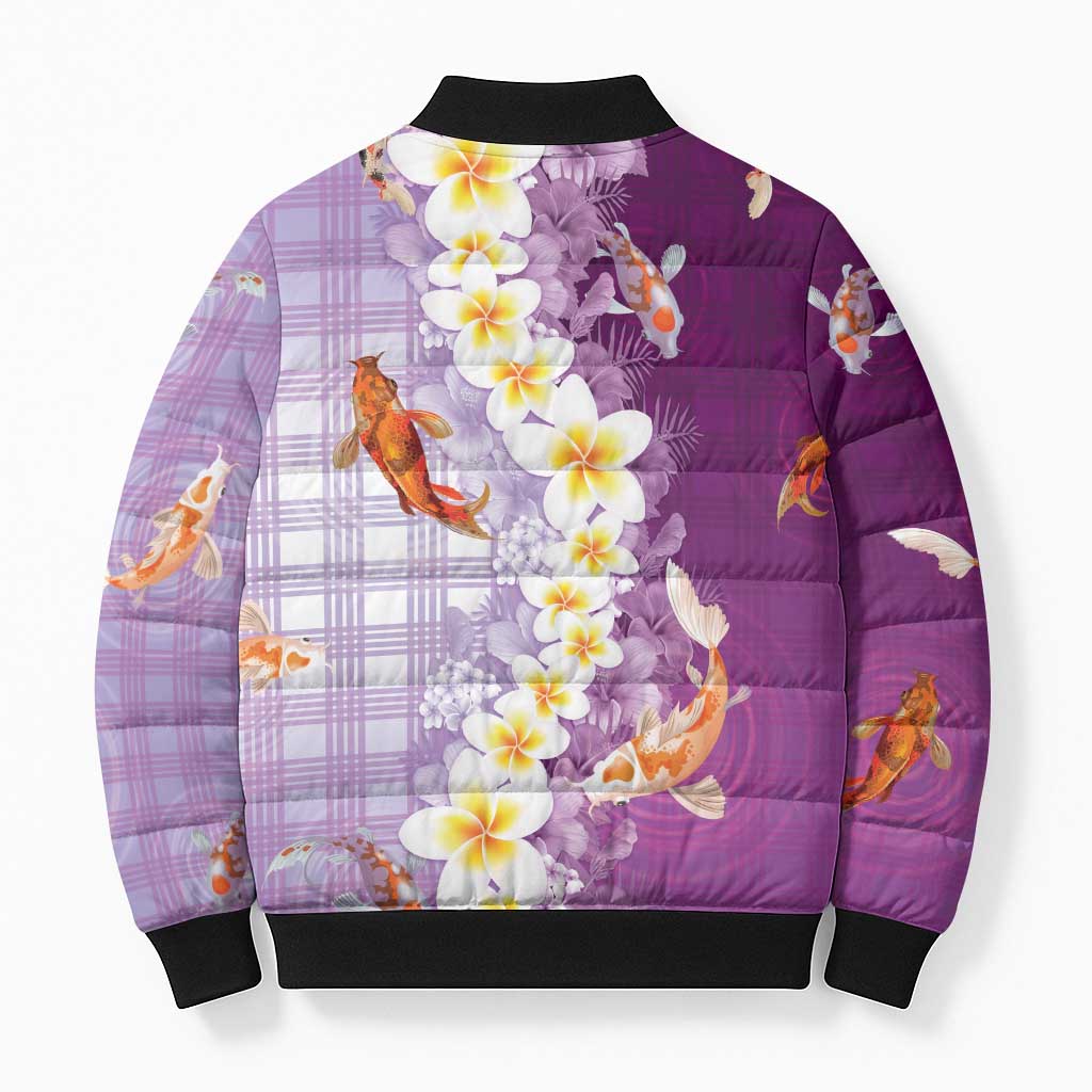 Hawaii And Japan Bomber Puffer Jacket Plumeria Lei With Koi Fish Purple LT05 - Polynesian Pride