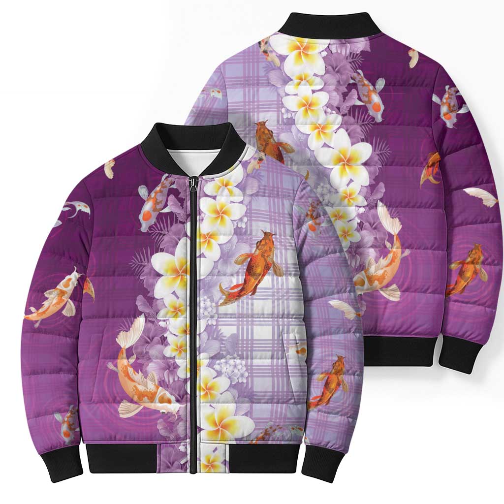 Hawaii And Japan Bomber Puffer Jacket Plumeria Lei With Koi Fish Purple LT05 - Polynesian Pride