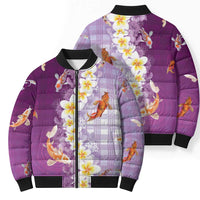 Hawaii And Japan Bomber Puffer Jacket Plumeria Lei With Koi Fish Purple LT05 - Polynesian Pride