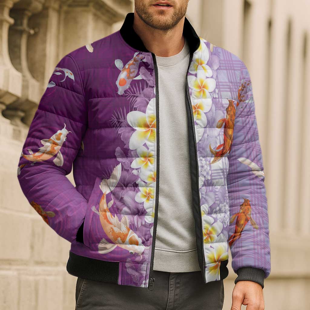 Hawaii And Japan Bomber Puffer Jacket Plumeria Lei With Koi Fish Purple LT05 - Polynesian Pride