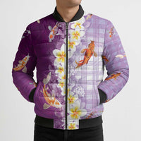 Hawaii And Japan Bomber Puffer Jacket Plumeria Lei With Koi Fish Purple LT05 - Polynesian Pride