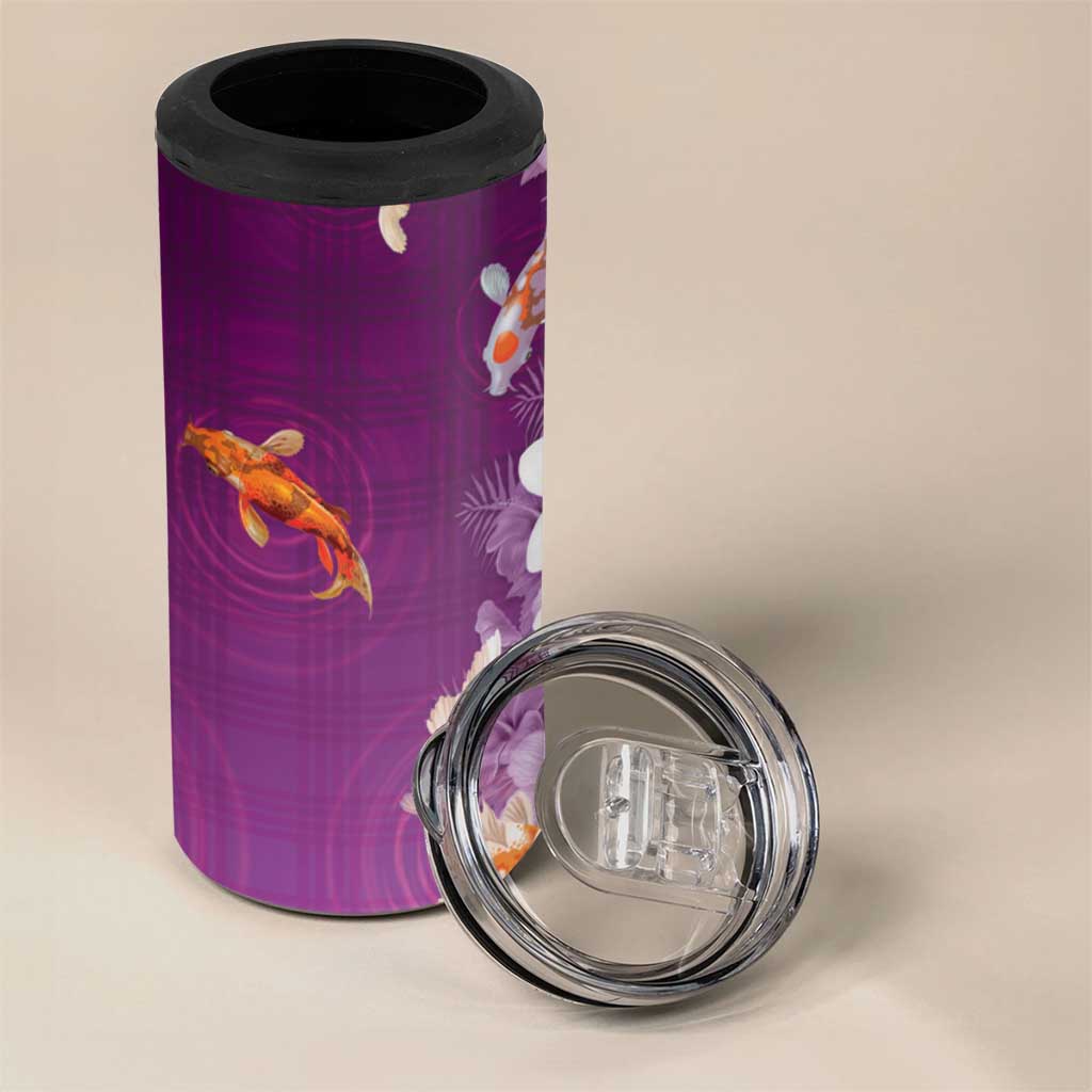 Hawaii And Japan 4 in 1 Can Cooler Tumbler Plumeria Lei With Koi Fish Purple - Polynesian Pride