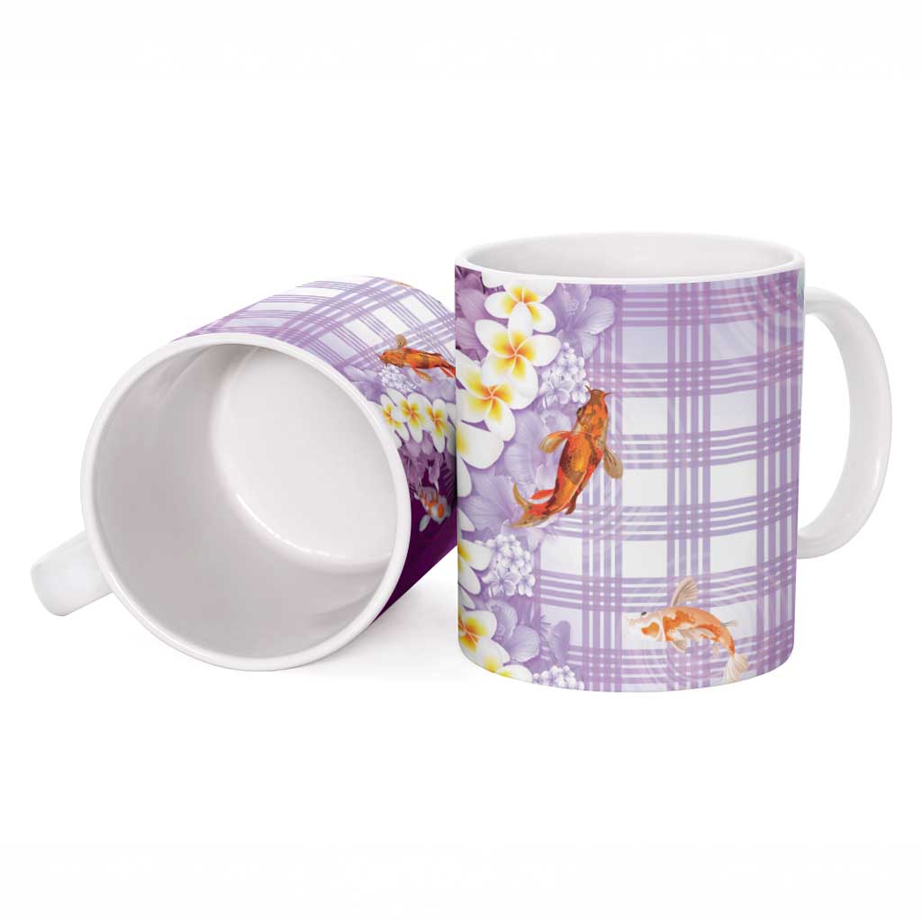 Hawaii And Japan Ceramic Mug Plumeria Lei With Koi Fish Purple LT05 - Polynesian Pride