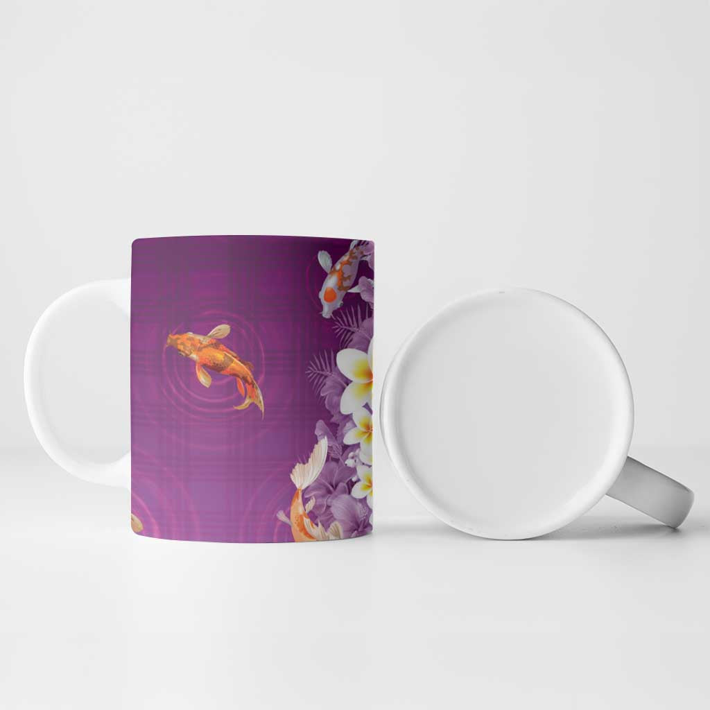 Hawaii And Japan Ceramic Mug Plumeria Lei With Koi Fish Purple LT05 - Polynesian Pride