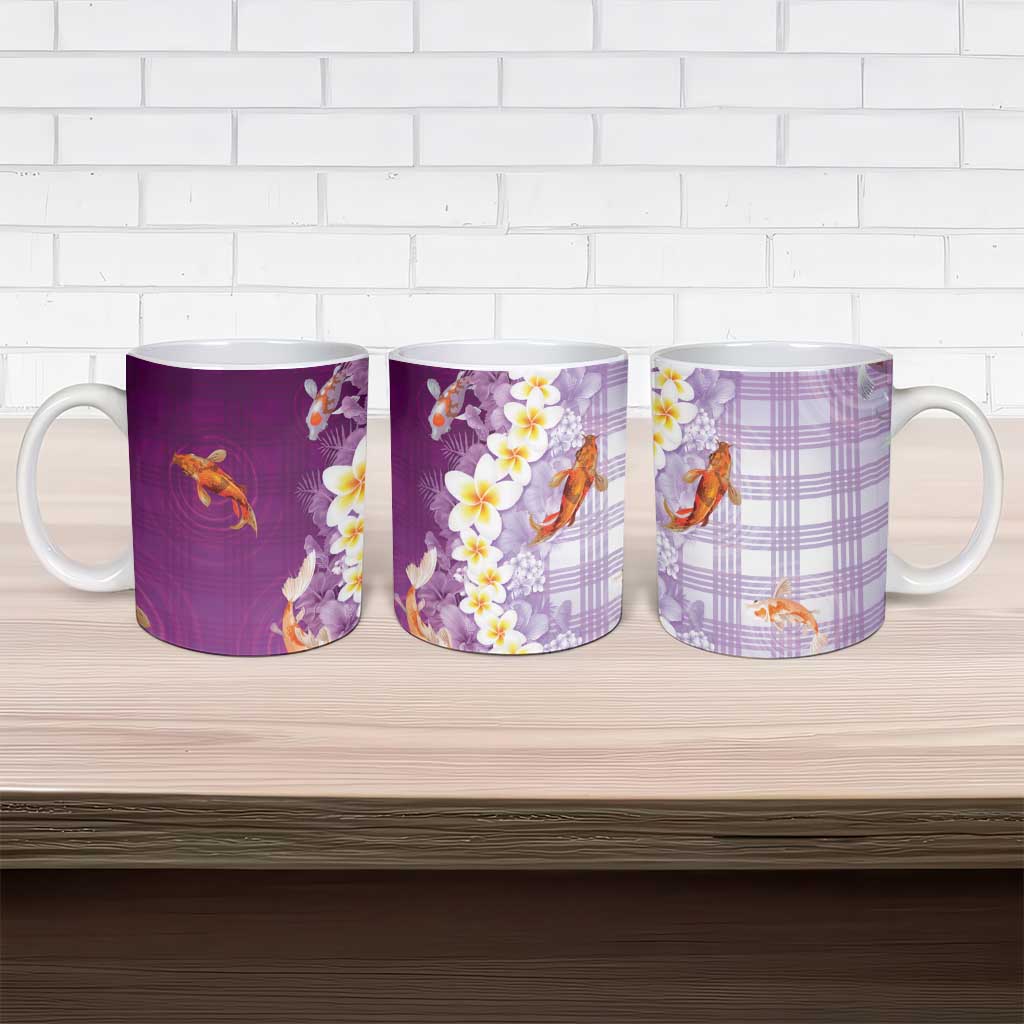 Hawaii And Japan Ceramic Mug Plumeria Lei With Koi Fish Purple LT05 - Polynesian Pride