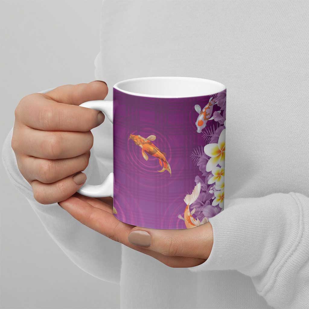 Hawaii And Japan Ceramic Mug Plumeria Lei With Koi Fish Purple LT05 - Polynesian Pride