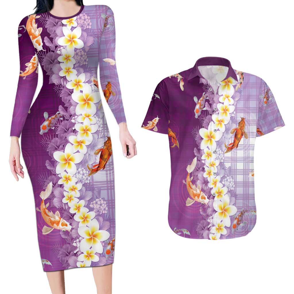 Hawaii And Japan Couples Matching Long Sleeve Bodycon Dress and Hawaiian Shirt Plumeria Lei With Koi Fish Purple - Polynesian Pride