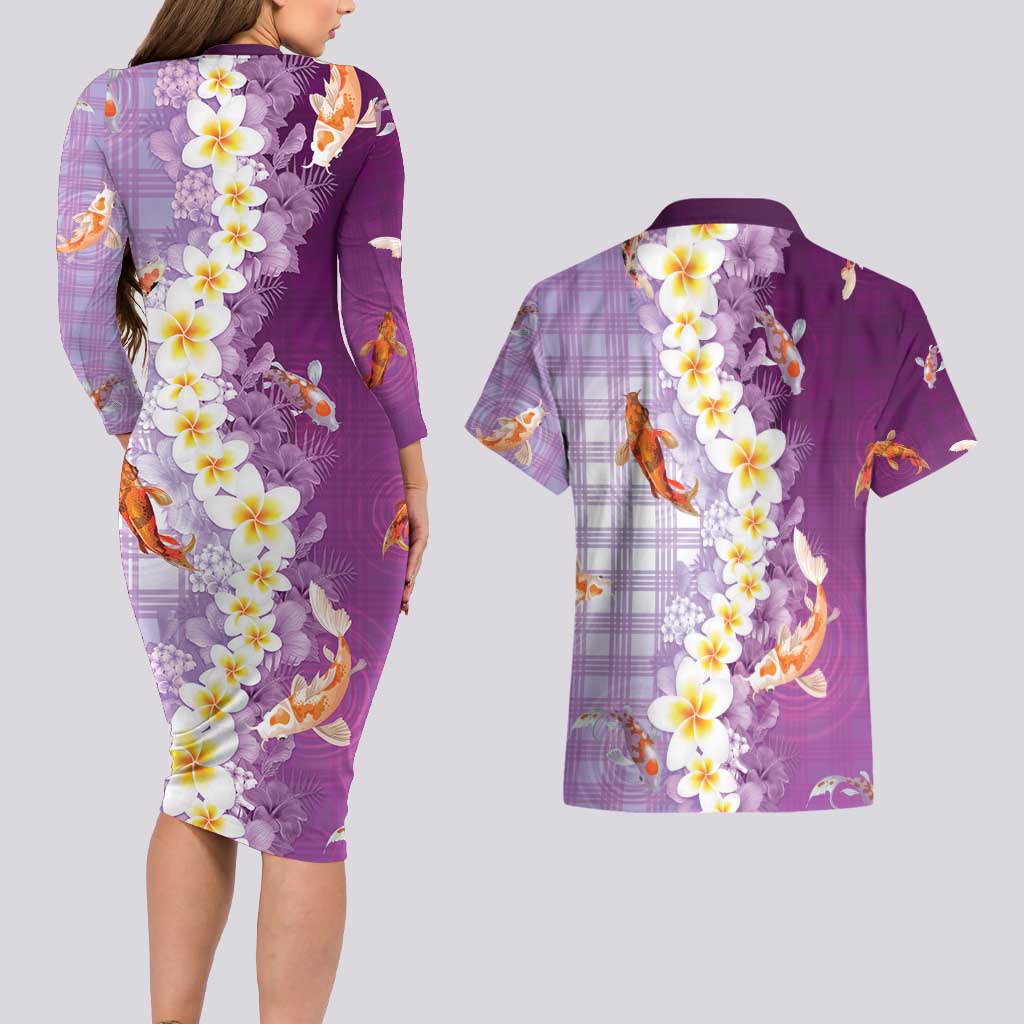 Hawaii And Japan Couples Matching Long Sleeve Bodycon Dress and Hawaiian Shirt Plumeria Lei With Koi Fish Purple - Polynesian Pride
