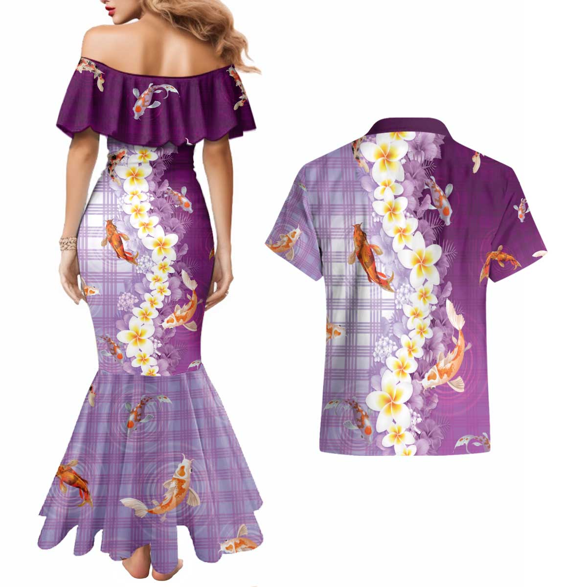Hawaii And Japan Couples Matching Mermaid Dress and Hawaiian Shirt Plumeria Lei With Koi Fish Purple - Polynesian Pride