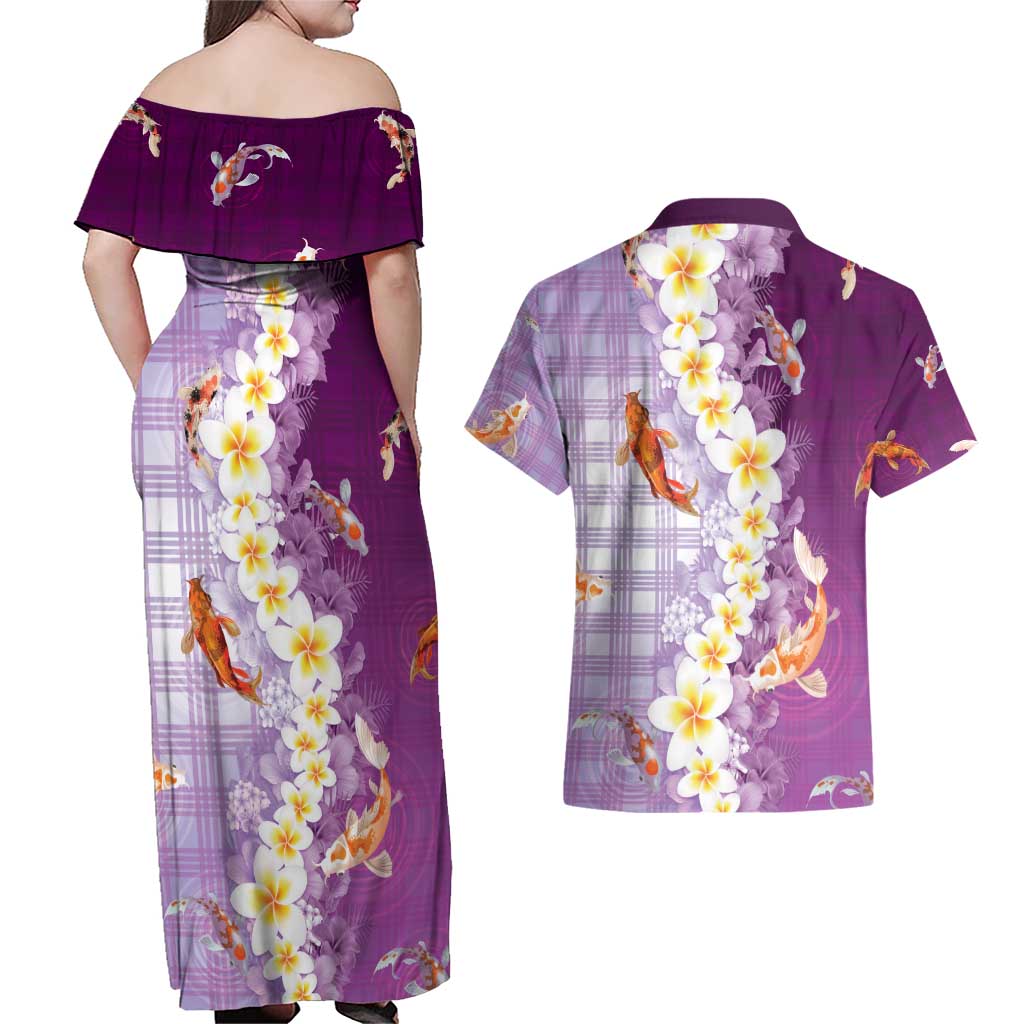 Hawaii And Japan Couples Matching Off Shoulder Maxi Dress and Hawaiian Shirt Plumeria Lei With Koi Fish Purple - Polynesian Pride