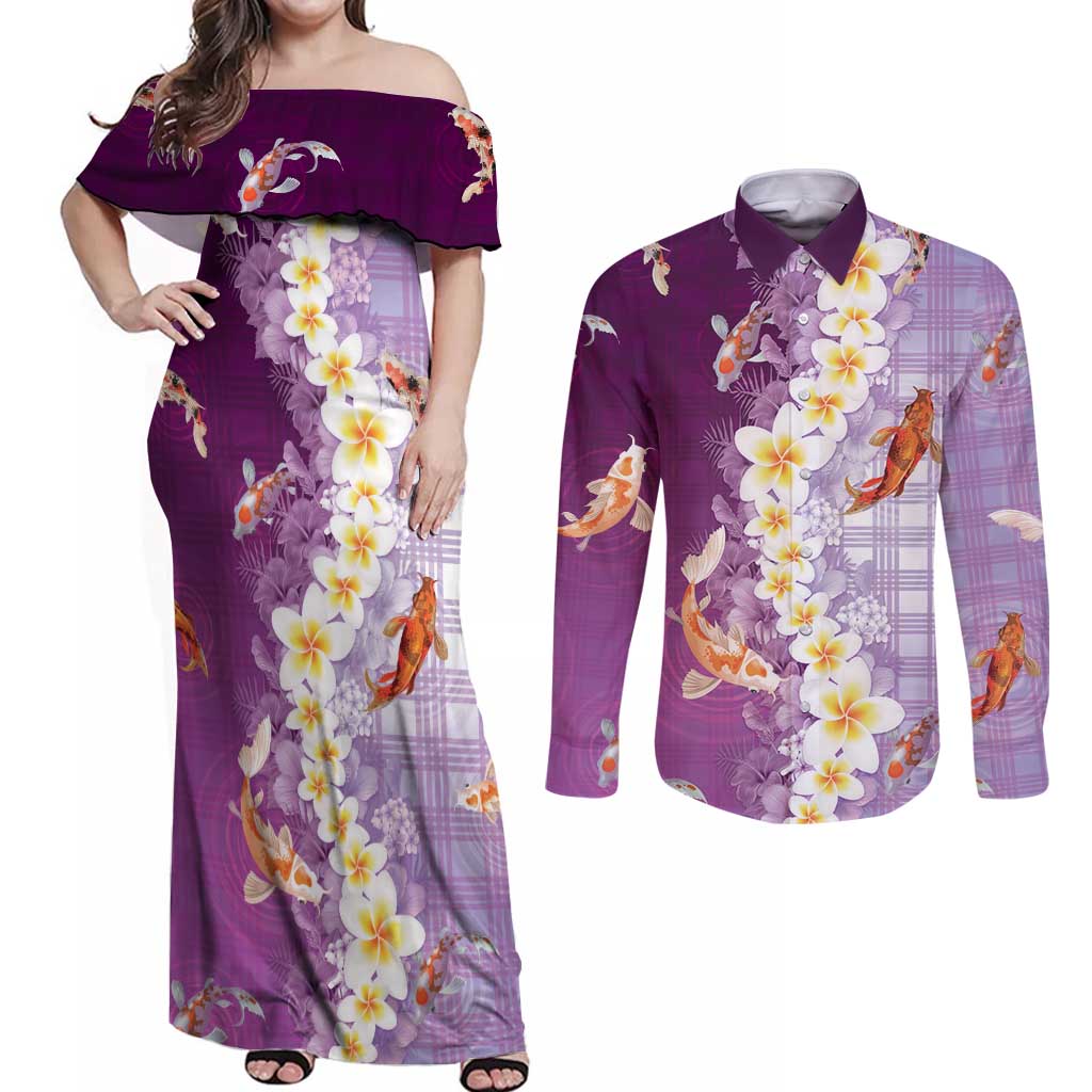 Hawaii And Japan Couples Matching Off Shoulder Maxi Dress and Long Sleeve Button Shirt Plumeria Lei With Koi Fish Purple - Polynesian Pride