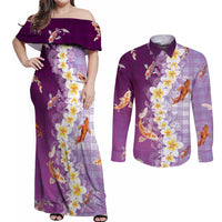 Hawaii And Japan Couples Matching Off Shoulder Maxi Dress and Long Sleeve Button Shirt Plumeria Lei With Koi Fish Purple - Polynesian Pride