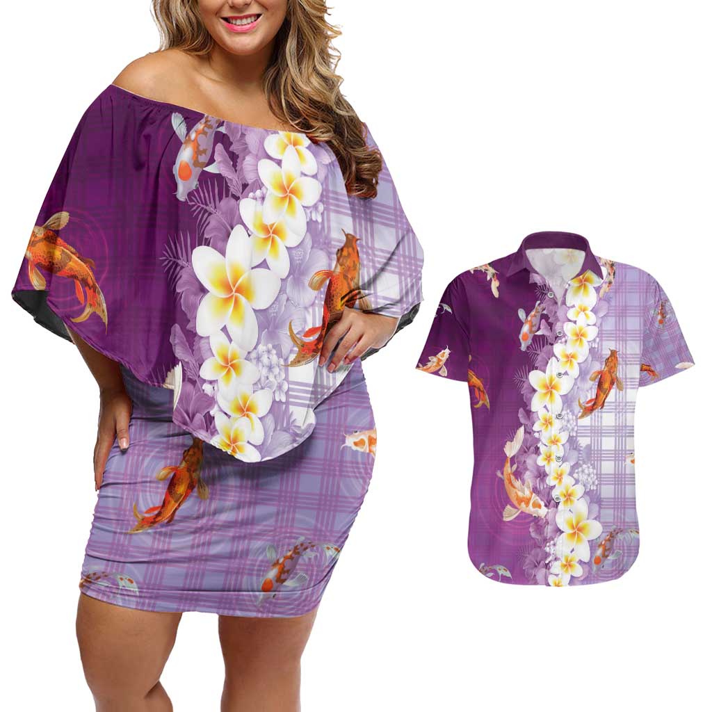 Hawaii And Japan Couples Matching Off Shoulder Short Dress and Hawaiian Shirt Plumeria Lei With Koi Fish Purple - Polynesian Pride