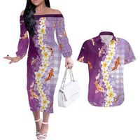 Hawaii And Japan Couples Matching Off The Shoulder Long Sleeve Dress and Hawaiian Shirt Plumeria Lei With Koi Fish Purple - Polynesian Pride