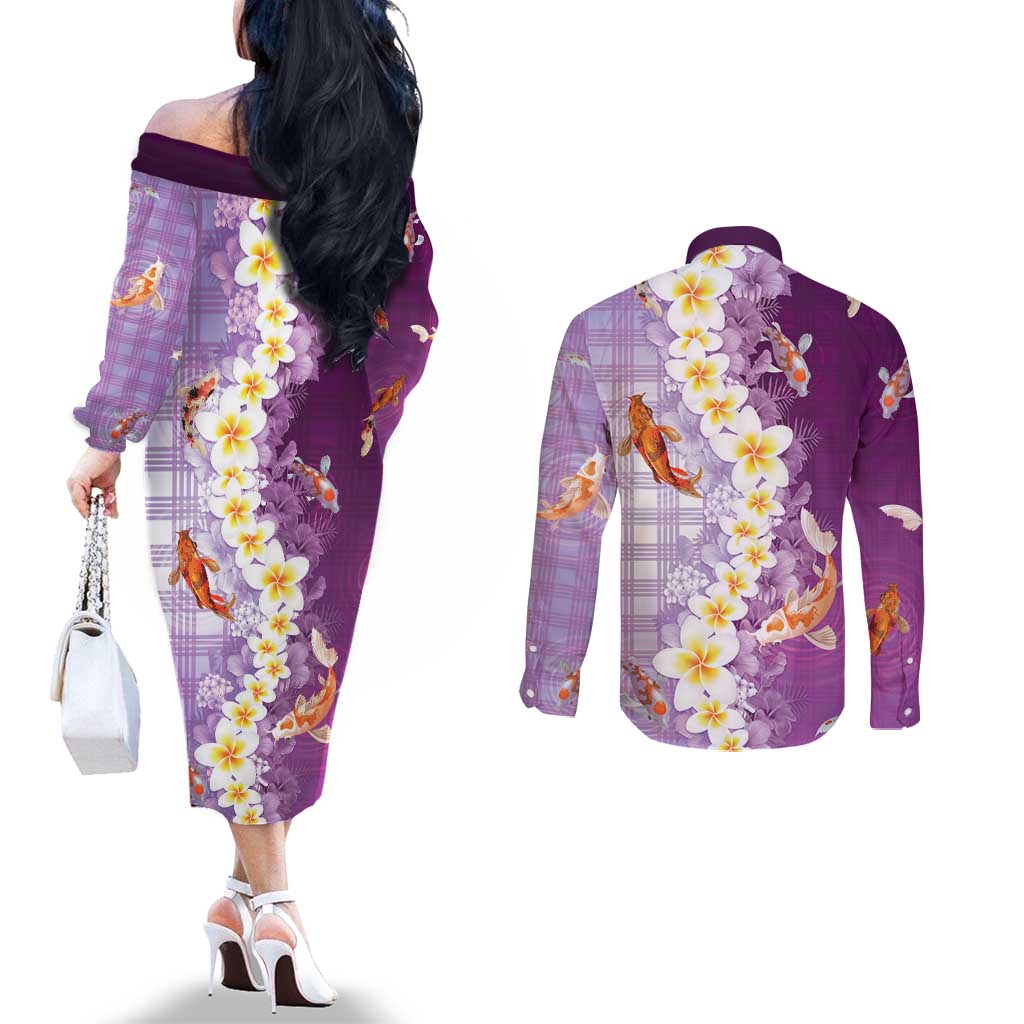Hawaii And Japan Couples Matching Off The Shoulder Long Sleeve Dress and Long Sleeve Button Shirt Plumeria Lei With Koi Fish Purple - Polynesian Pride