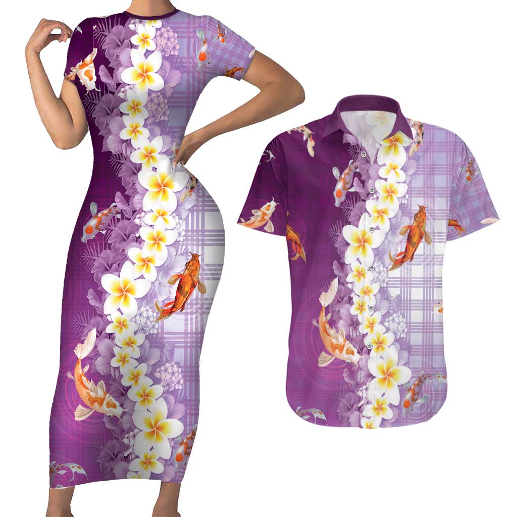 Hawaii And Japan Couples Matching Short Sleeve Bodycon Dress and Hawaiian Shirt Plumeria Lei With Koi Fish Purple - Polynesian Pride