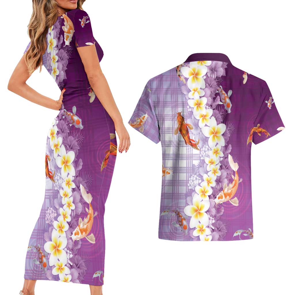 Hawaii And Japan Couples Matching Short Sleeve Bodycon Dress and Hawaiian Shirt Plumeria Lei With Koi Fish Purple - Polynesian Pride