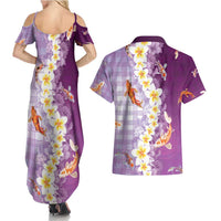 Hawaii And Japan Couples Matching Summer Maxi Dress and Hawaiian Shirt Plumeria Lei With Koi Fish Purple - Polynesian Pride