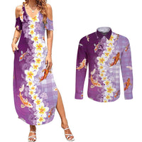 Hawaii And Japan Couples Matching Summer Maxi Dress and Long Sleeve Button Shirt Plumeria Lei With Koi Fish Purple - Polynesian Pride