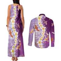 Hawaii And Japan Couples Matching Tank Maxi Dress and Long Sleeve Button Shirt Plumeria Lei With Koi Fish Purple - Polynesian Pride