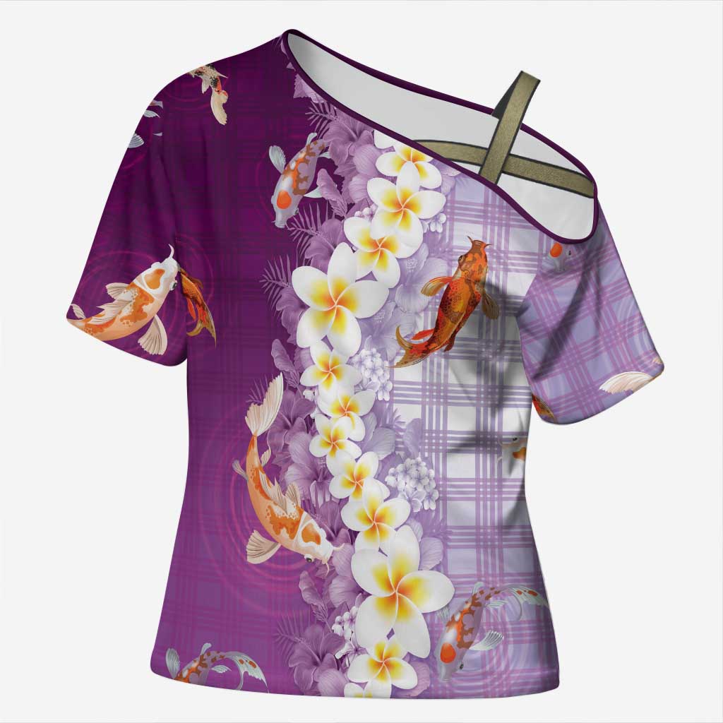 Hawaii And Japan Cross Shoulder Shirt Plumeria Lei With Koi Fish Purple LT05 Female Purple - Polynesian Pride