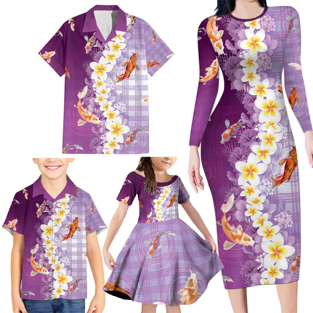 Hawaii And Japan Family Matching Long Sleeve Bodycon Dress and Hawaiian Shirt Plumeria Lei With Koi Fish Purple - Polynesian Pride