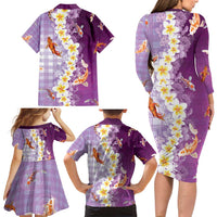 Hawaii And Japan Family Matching Long Sleeve Bodycon Dress and Hawaiian Shirt Plumeria Lei With Koi Fish Purple - Polynesian Pride