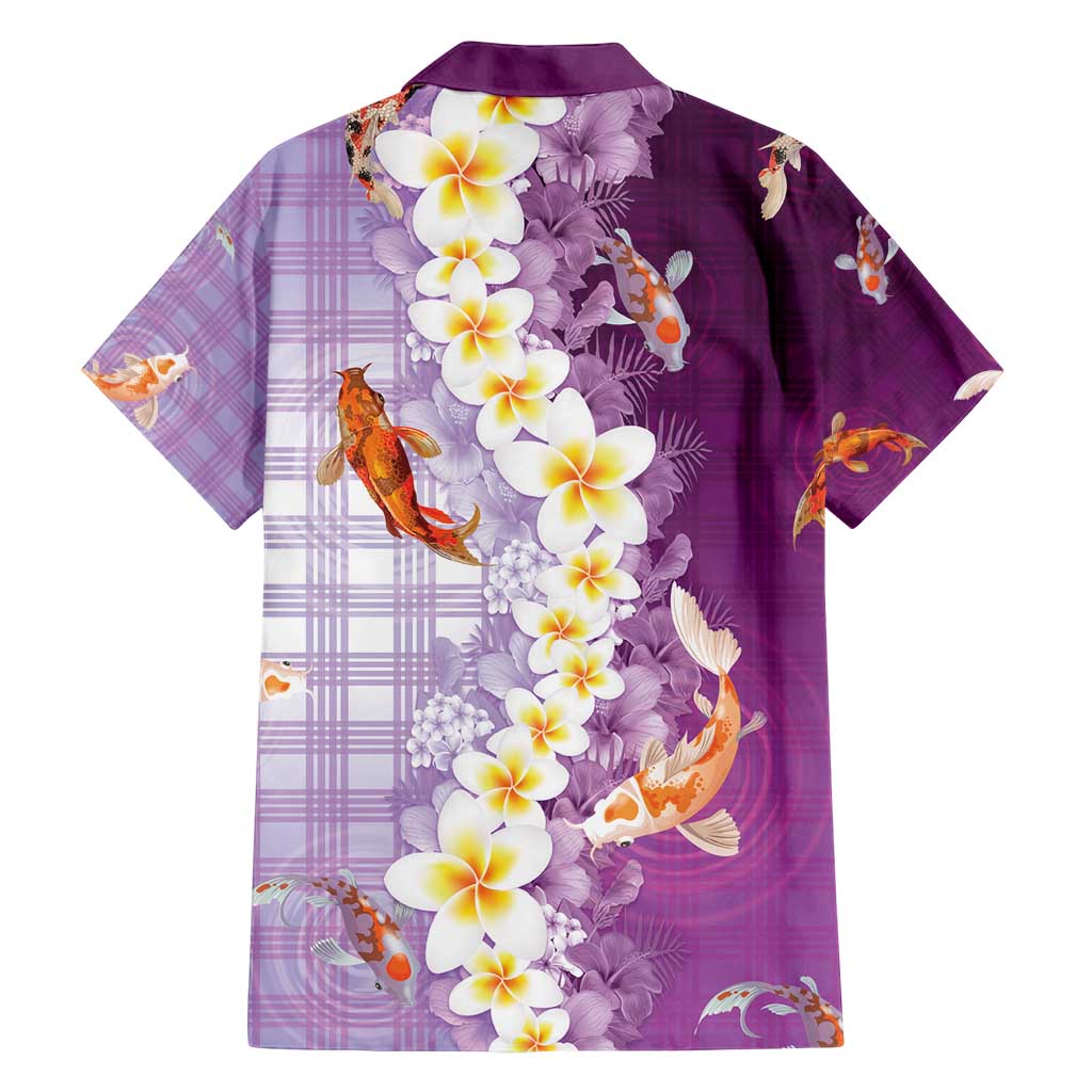 Hawaii And Japan Family Matching Long Sleeve Bodycon Dress and Hawaiian Shirt Plumeria Lei With Koi Fish Purple - Polynesian Pride