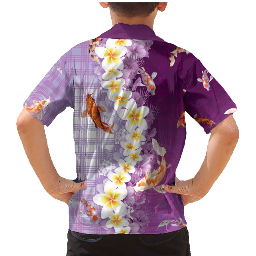 Hawaii And Japan Family Matching Mermaid Dress and Hawaiian Shirt Plumeria Lei With Koi Fish Purple - Polynesian Pride