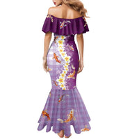 Hawaii And Japan Family Matching Mermaid Dress and Hawaiian Shirt Plumeria Lei With Koi Fish Purple - Polynesian Pride