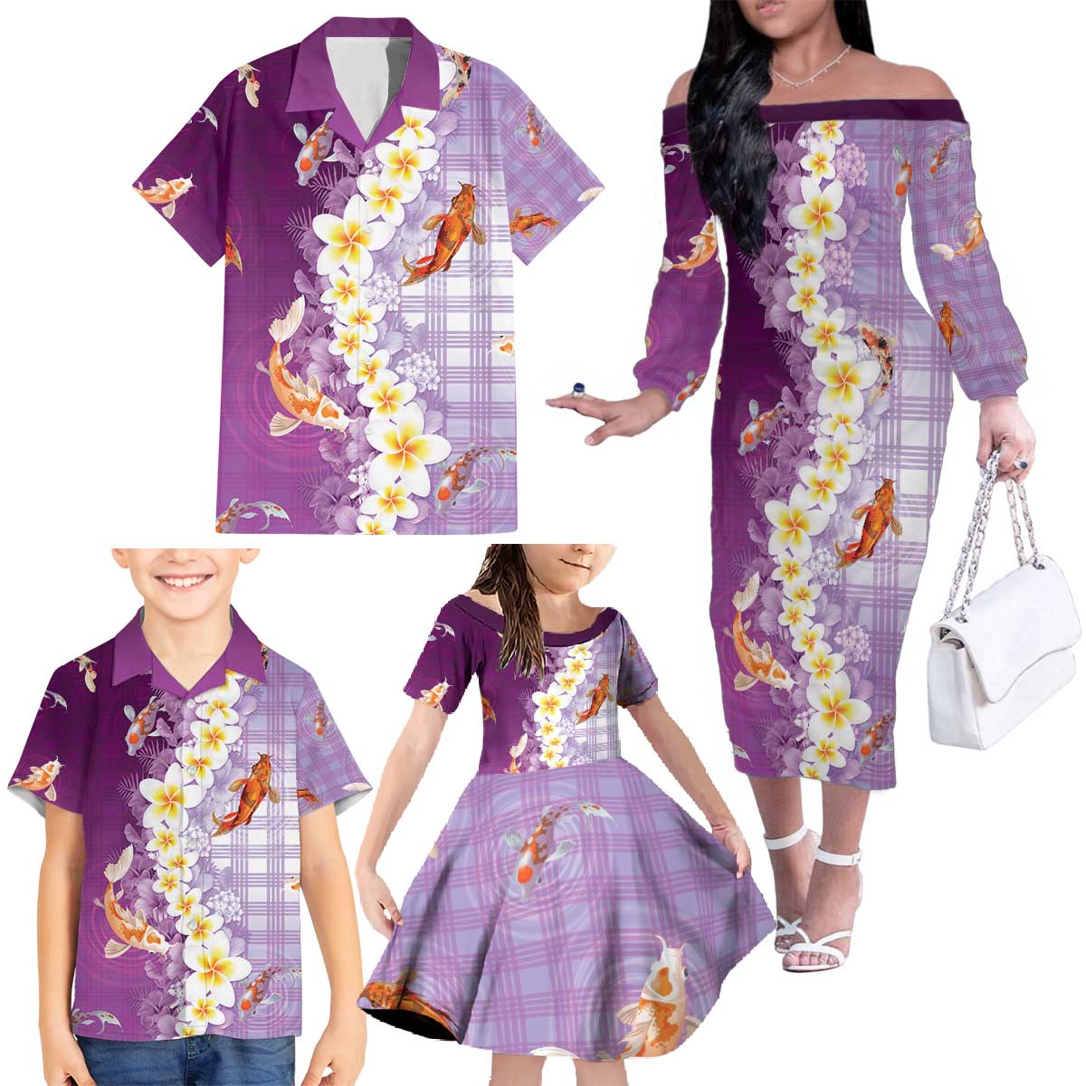 Hawaii And Japan Family Matching Off The Shoulder Long Sleeve Dress and Hawaiian Shirt Plumeria Lei With Koi Fish Purple - Polynesian Pride