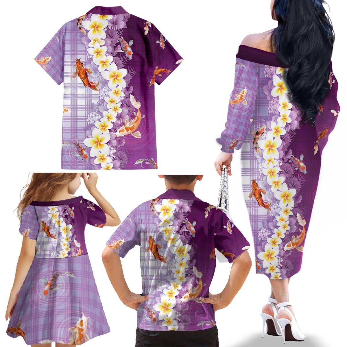 Hawaii And Japan Family Matching Off The Shoulder Long Sleeve Dress and Hawaiian Shirt Plumeria Lei With Koi Fish Purple - Polynesian Pride