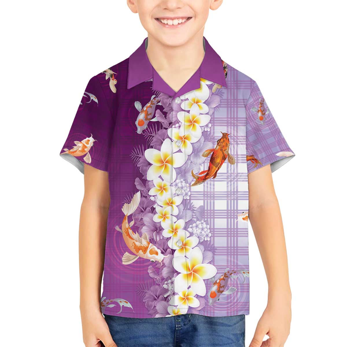 Hawaii And Japan Family Matching Off The Shoulder Long Sleeve Dress and Hawaiian Shirt Plumeria Lei With Koi Fish Purple - Polynesian Pride