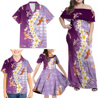 Hawaii And Japan Family Matching Off Shoulder Maxi Dress and Hawaiian Shirt Plumeria Lei With Koi Fish Purple - Polynesian Pride