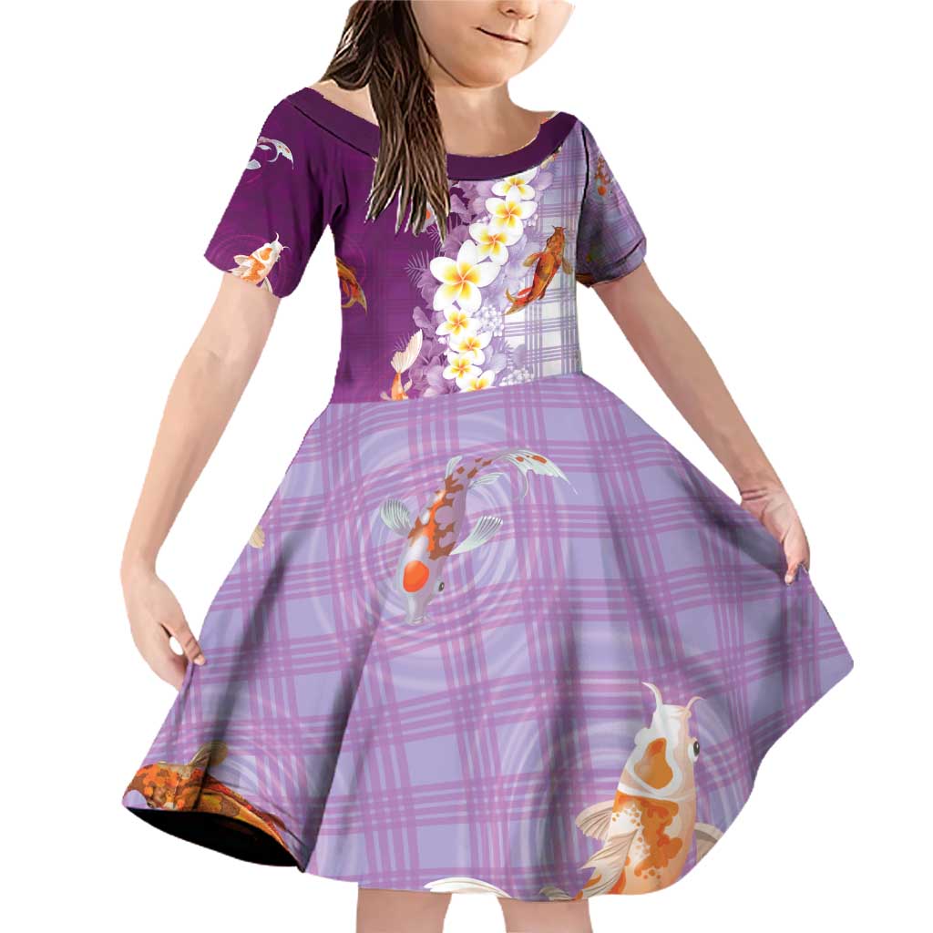 Hawaii And Japan Family Matching Off Shoulder Short Dress and Hawaiian Shirt Plumeria Lei With Koi Fish Purple - Polynesian Pride