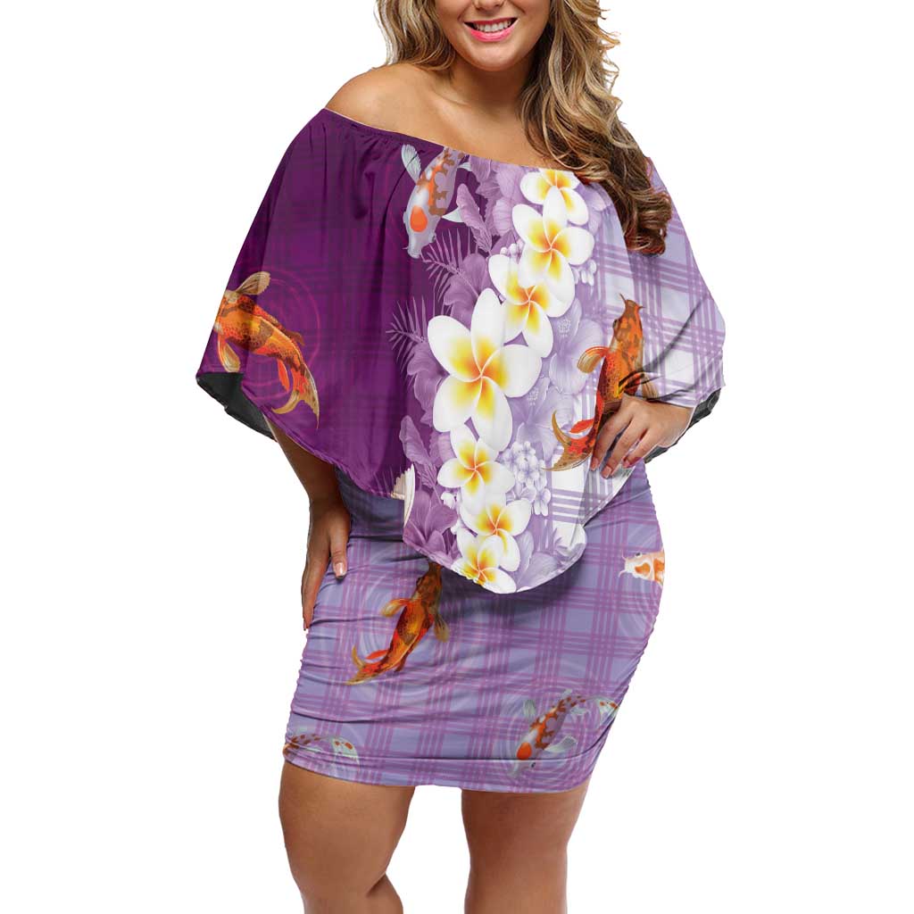 Hawaii And Japan Family Matching Off Shoulder Short Dress and Hawaiian Shirt Plumeria Lei With Koi Fish Purple - Polynesian Pride