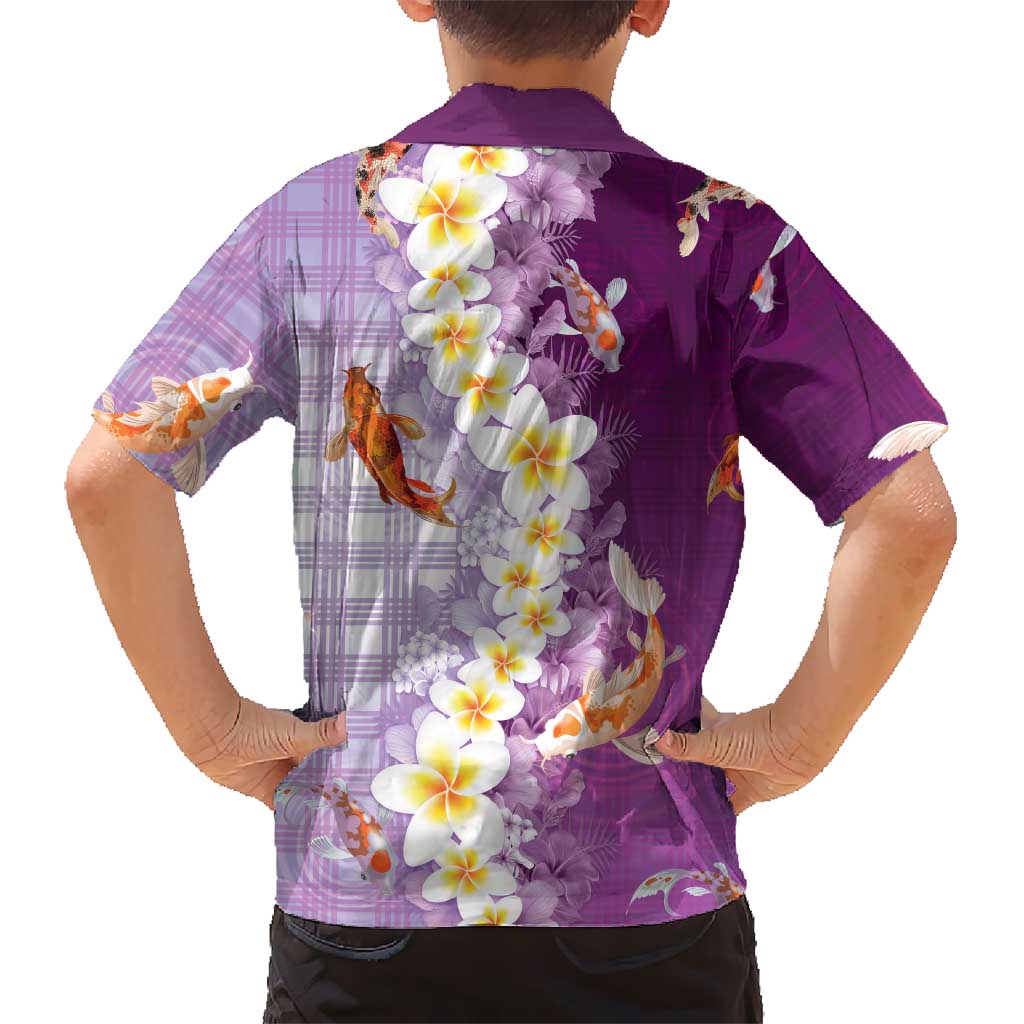 Hawaii And Japan Family Matching Puletasi and Hawaiian Shirt Plumeria Lei With Koi Fish Purple - Polynesian Pride