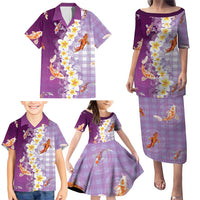 Hawaii And Japan Family Matching Puletasi and Hawaiian Shirt Plumeria Lei With Koi Fish Purple - Polynesian Pride