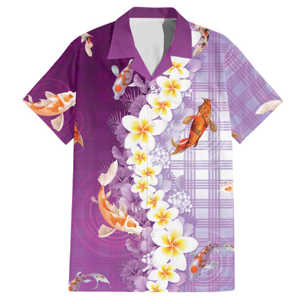 Hawaii And Japan Family Matching Puletasi and Hawaiian Shirt Plumeria Lei With Koi Fish Purple - Polynesian Pride