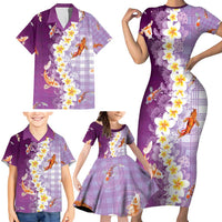 Hawaii And Japan Family Matching Short Sleeve Bodycon Dress and Hawaiian Shirt Plumeria Lei With Koi Fish Purple - Polynesian Pride