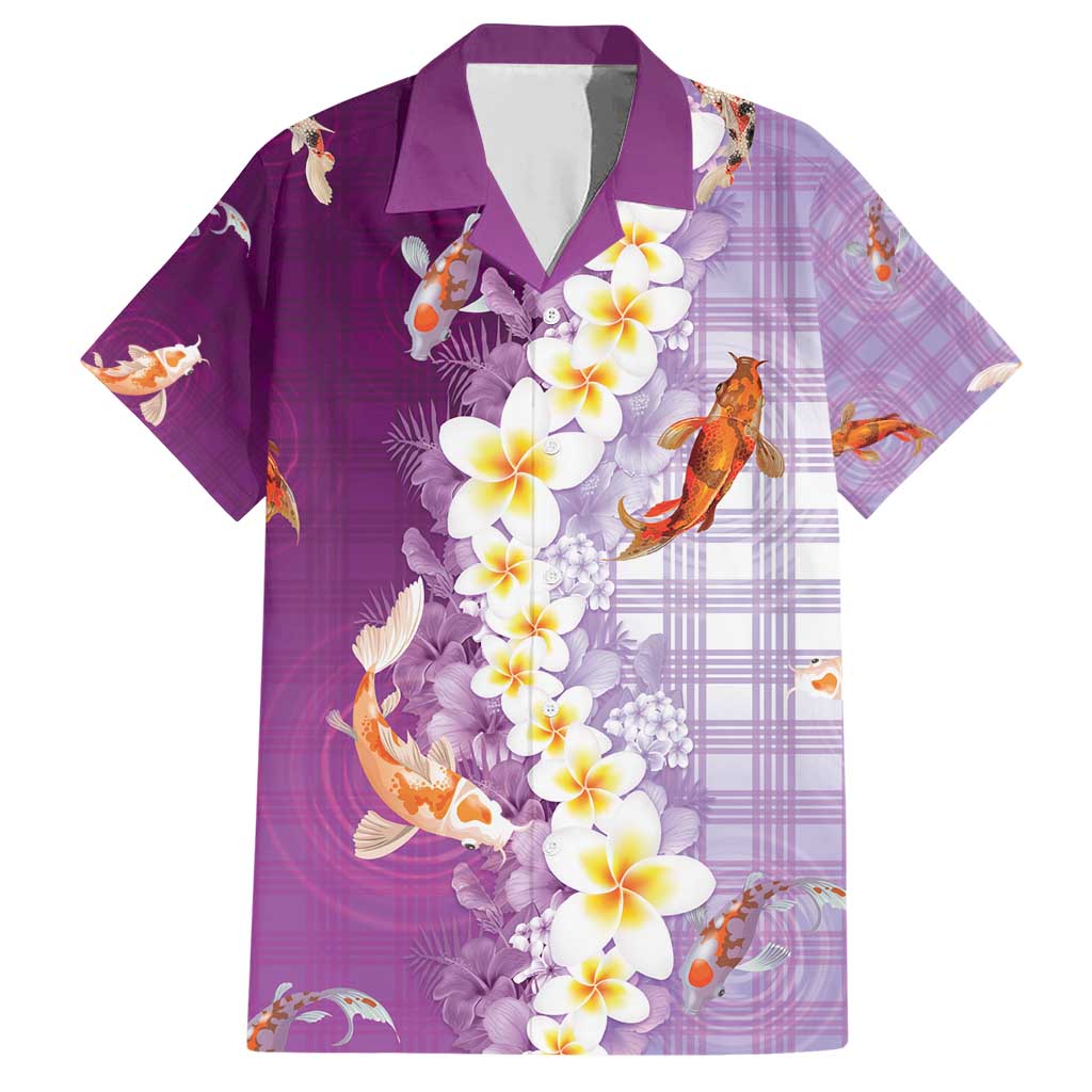 Hawaii And Japan Family Matching Short Sleeve Bodycon Dress and Hawaiian Shirt Plumeria Lei With Koi Fish Purple - Polynesian Pride
